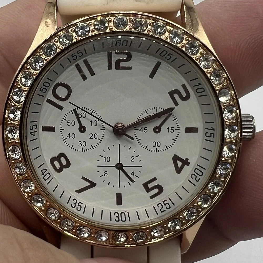 Ladies Trendy Round Rose Gold Tone Bezel‎ White Dial Poly Band Analog Watch J6